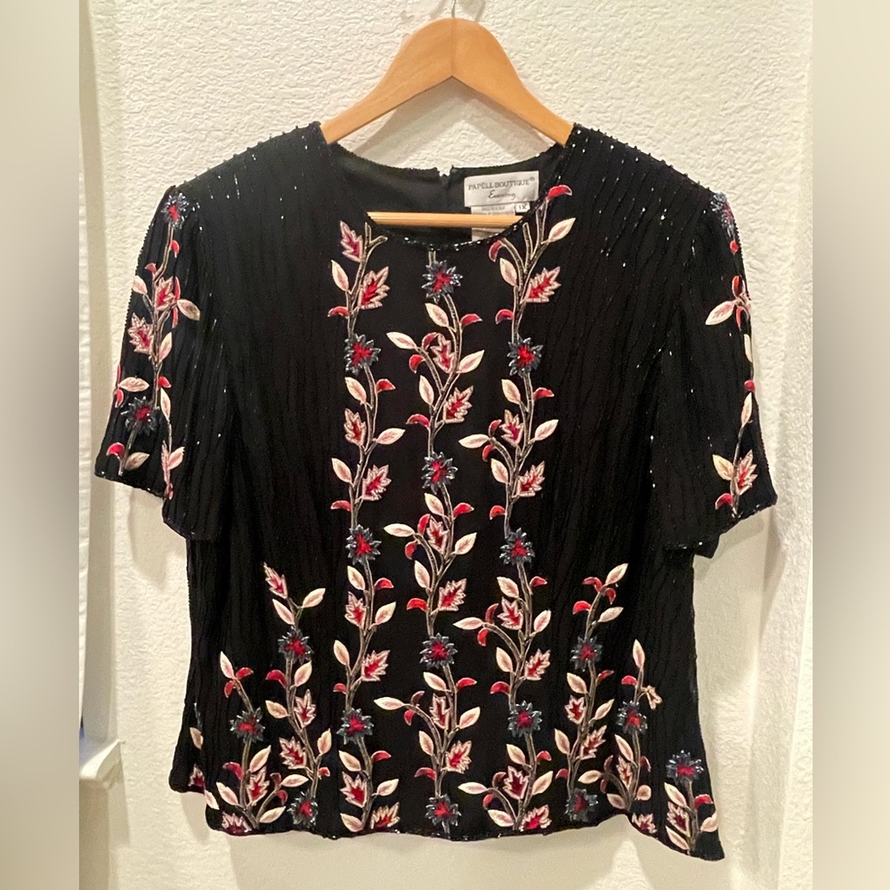 Vintage Papell Boutique Evening embroidered beaded silk top Size 1X